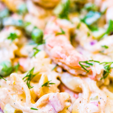 Close up, shrimp pasta salad old bay garnished with fresh dill