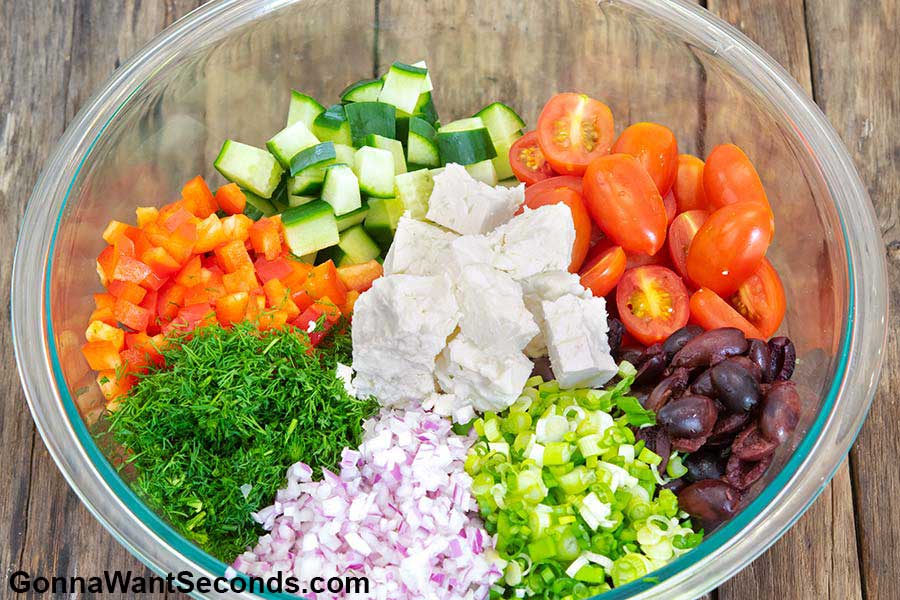 Greek Pasta Salad ingredients in bowl