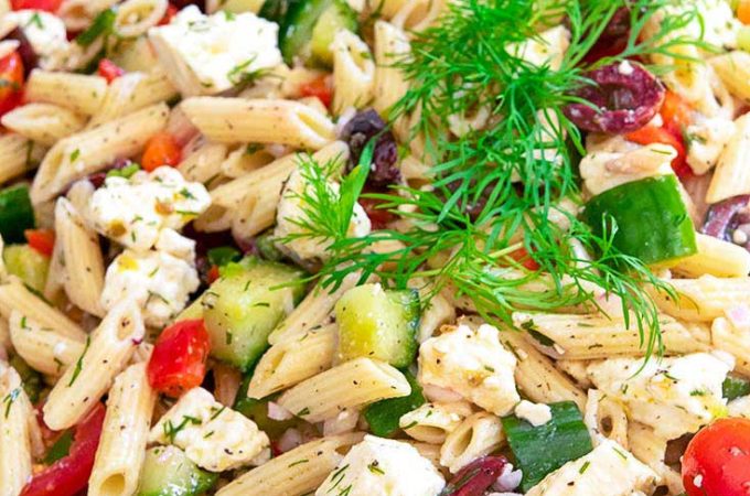 Greek Pasta Salad in an oval serving dish