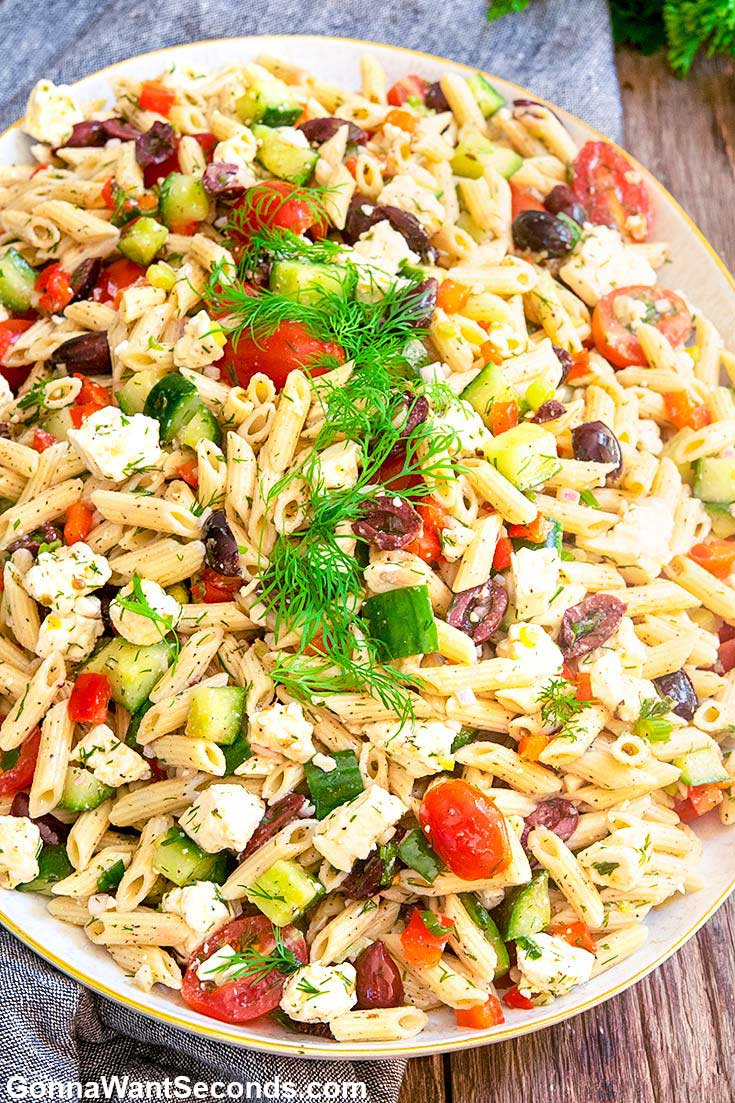 Greek Pasta Salad in an oval serving dish