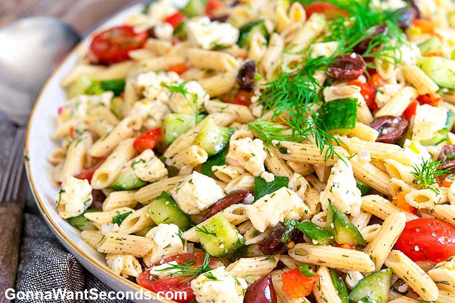 Pasta Salad Recipes: Greek Pasta Salad in an oval serving dish