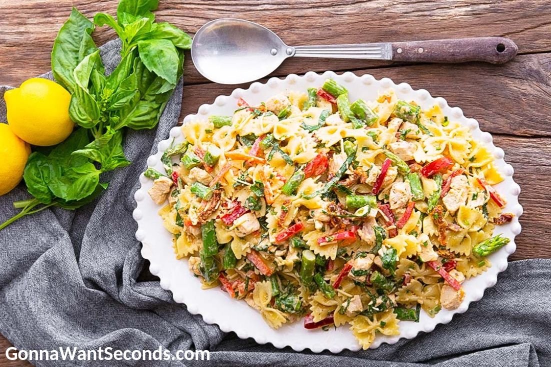 Chicken Pasta Salad on a plate, top shot