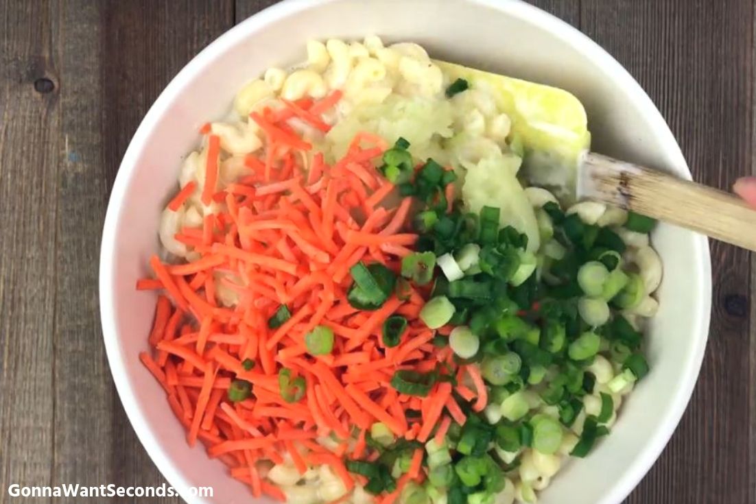Mixing the remaining ingredients for Hawaiian Macaroni Salad