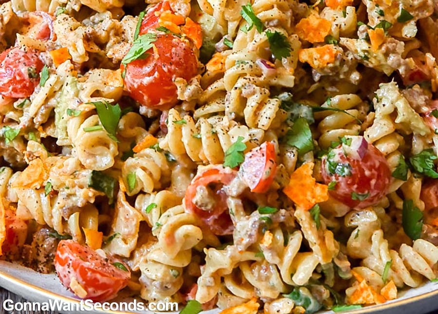 Taco Pasta Salad on a serving plate, close up