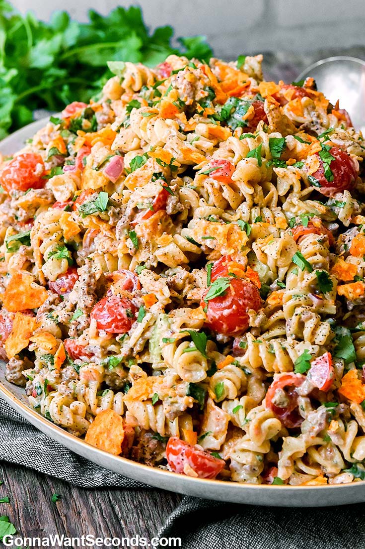 taco pasta salad without lettuce on a serving plate