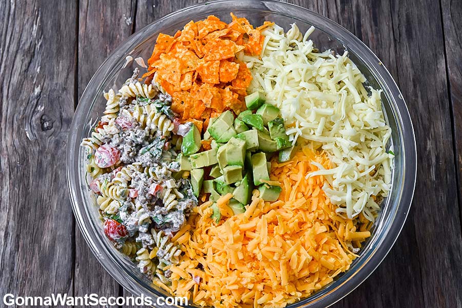Taco Pasta Salad ingredients in a bowl