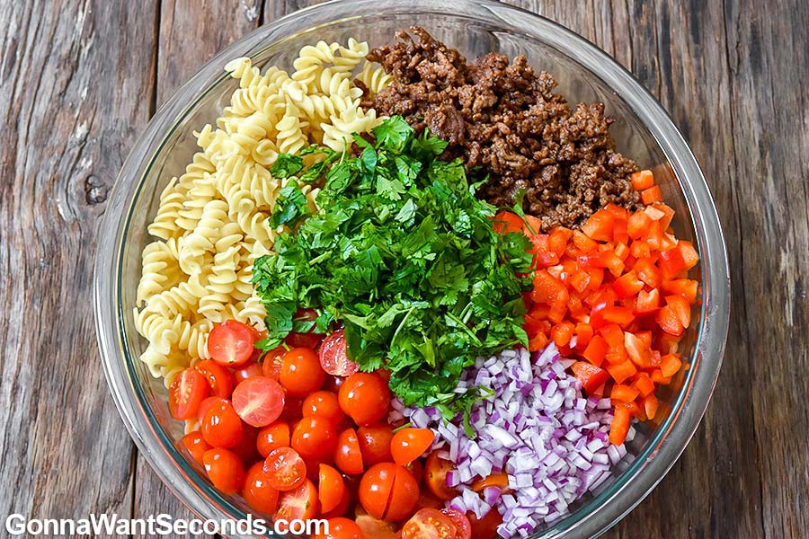 Taco Pasta Salad ingredients in a bowl