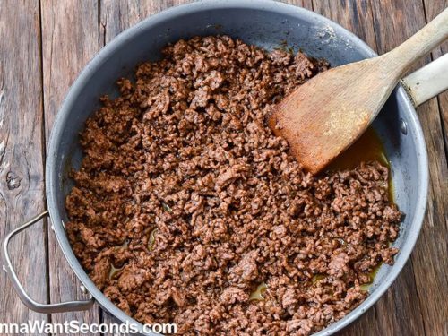 Ground beef in a skillet for Taco Pasta Salad