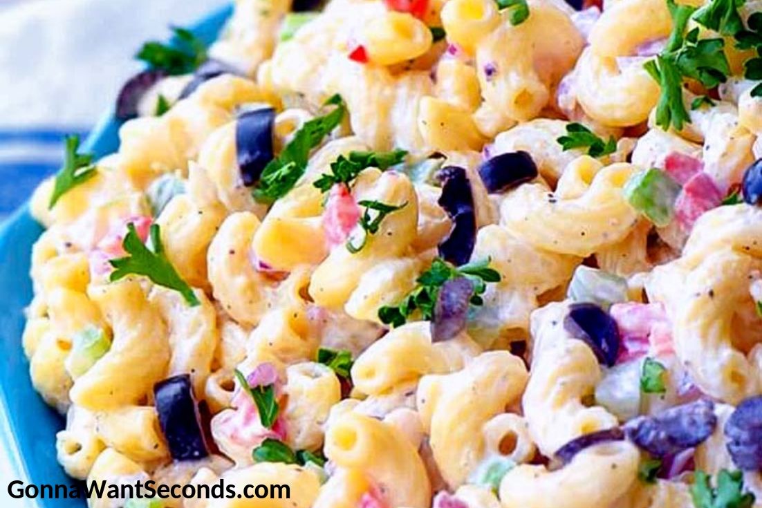 Classic Macaroni Salad in a blue shallow bowl