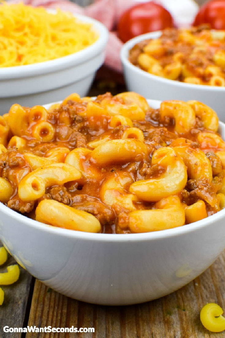 This homemade beefaroni is a hearty satisfying dish that appeals to the palates of children, the hearts of moms and the appetites of all who enjoy it! #Beefaroni #Macaroni beefaroni in a bowl