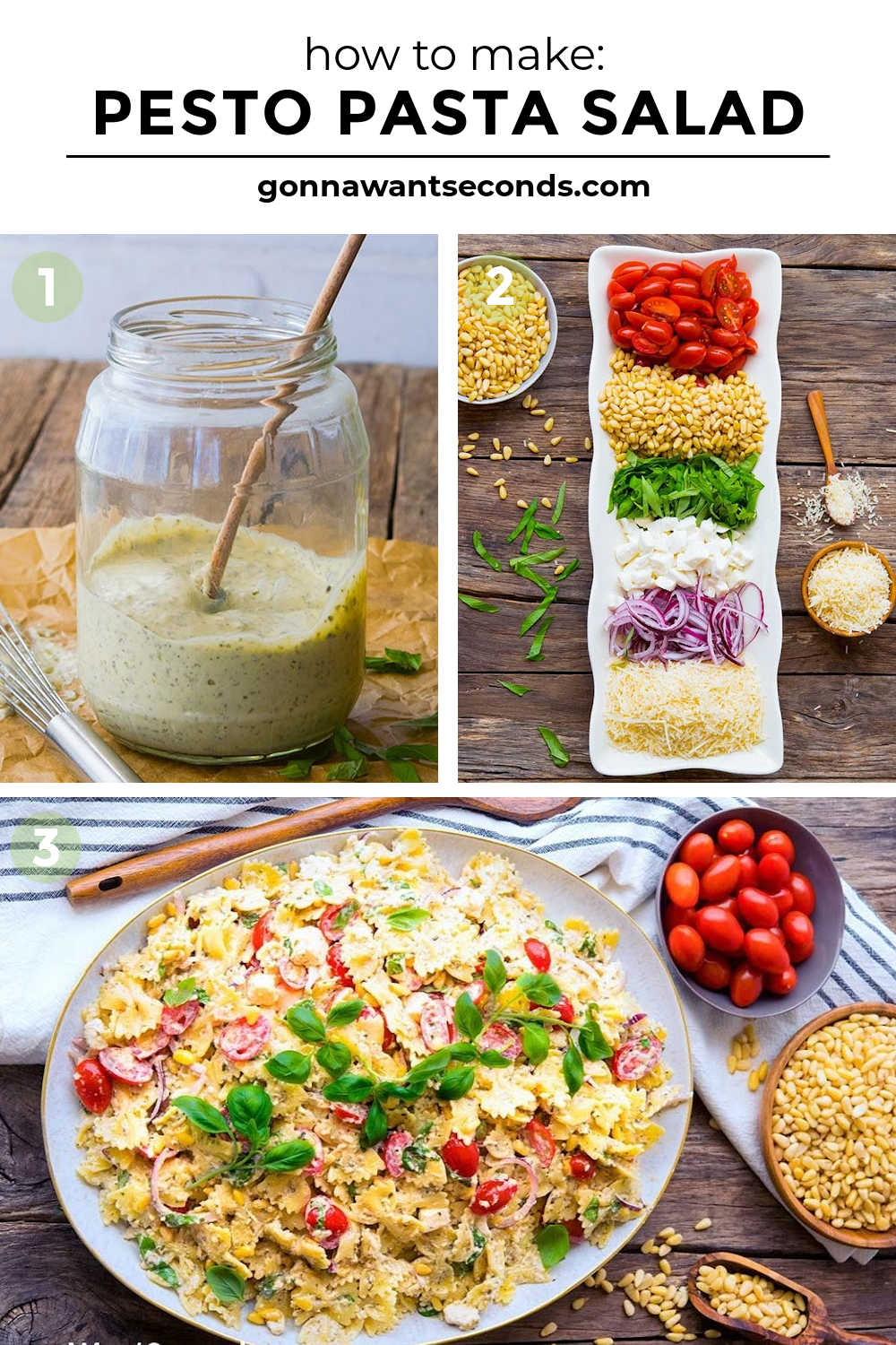 Pesto Pasta Salad creates a creamy dressing using prepared pesto. It generously coats bowtie pasta, cheese, nuts, and veggies for a perfect pasta salad! #PestoPastaSalad #PastaSalad step by step how to make pesto pasta salad