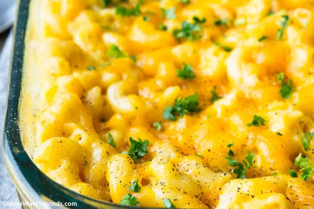 Pioneer Woman mac and cheese in a glass casserole dish