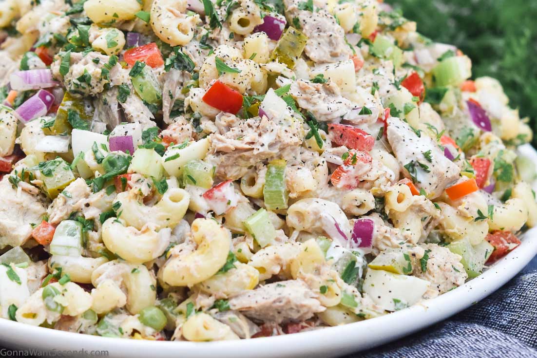 simple tuna macaroni salad on a serving dish