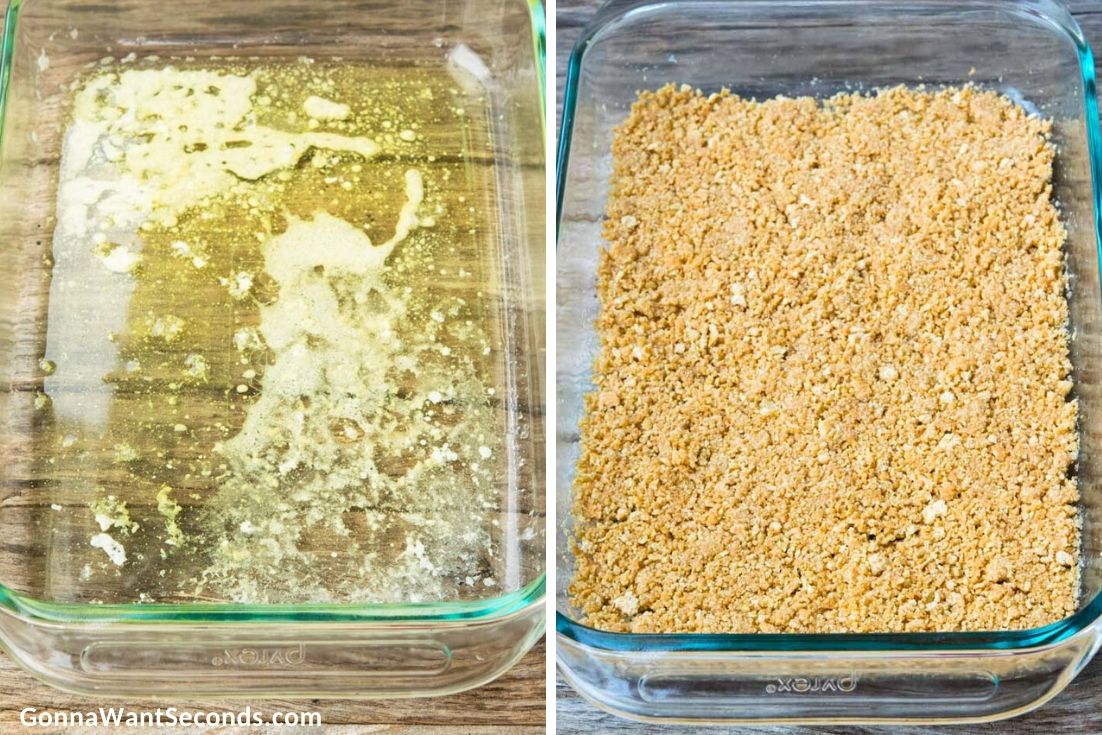 How to make 7 Layer Bars, adding melted butter and crushed graham cracker to a baking pan