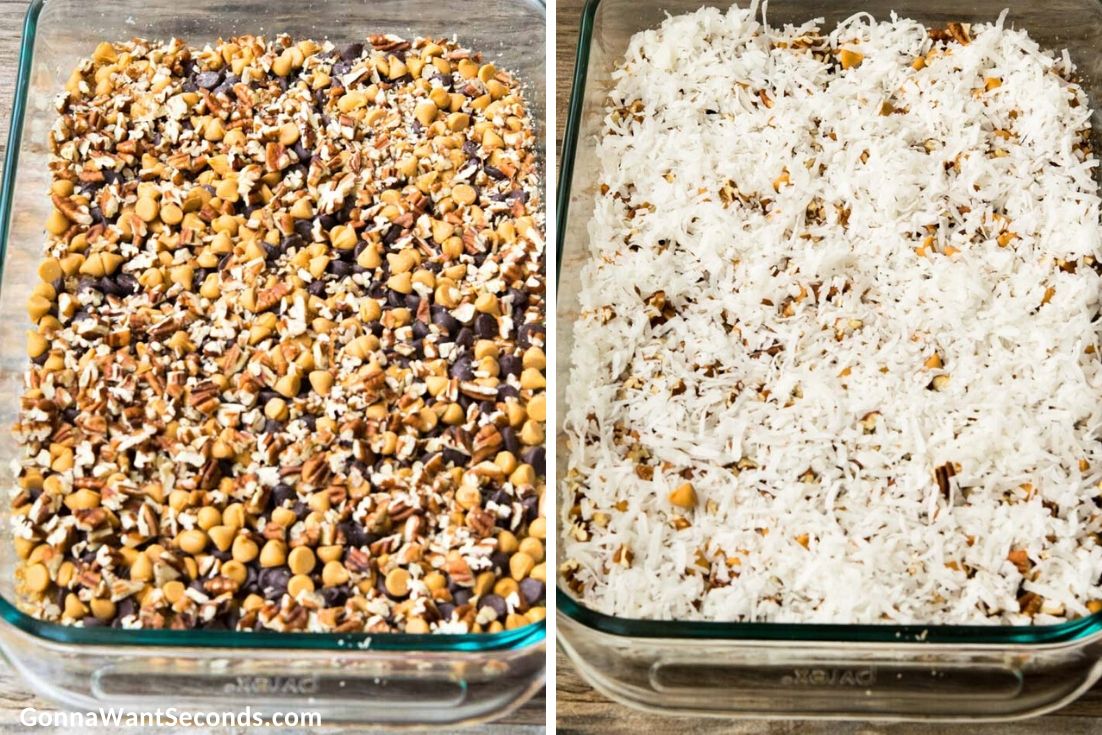 How to make 7 Layer Bars, adding pecans and shredded coconut to the layer 