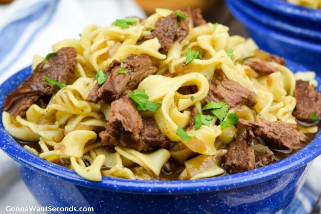Beef and Noodles in a blue bowl