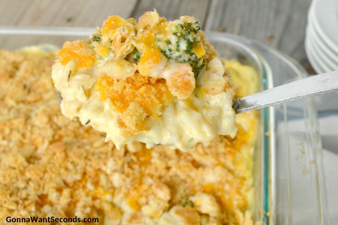 A scoop of chicken broccoli and rice casserole 