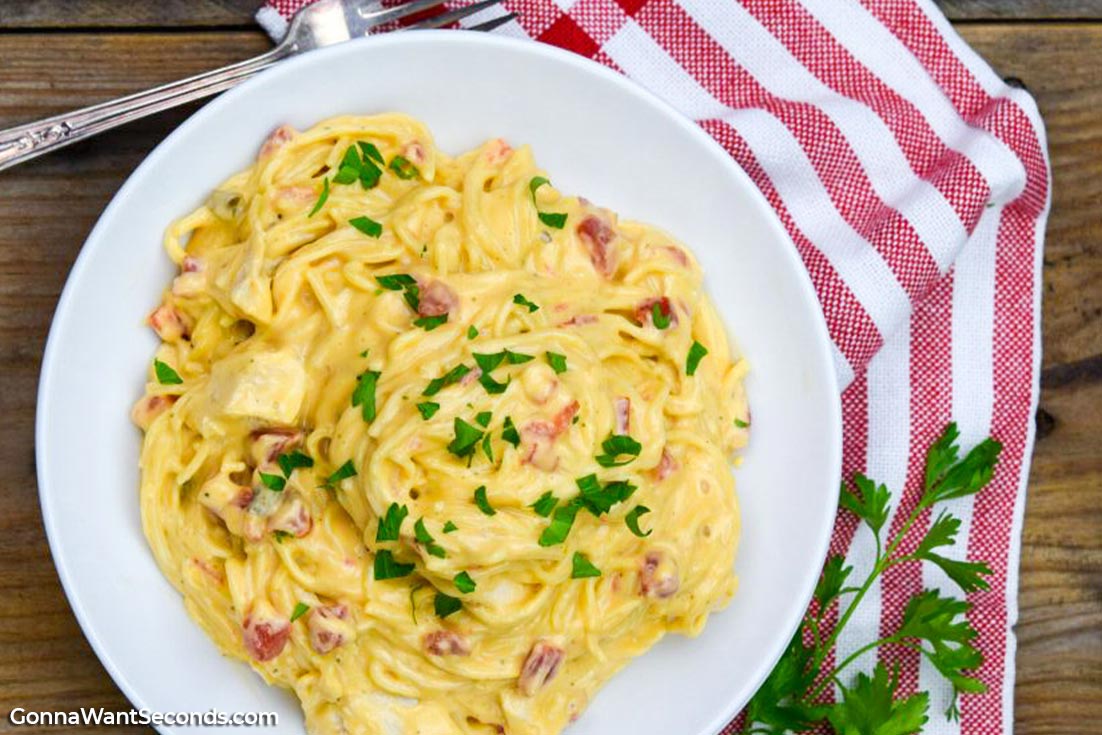 chicken spaghetti recipes, Chicken Spaghetti garnished with chopped parsley on a plate