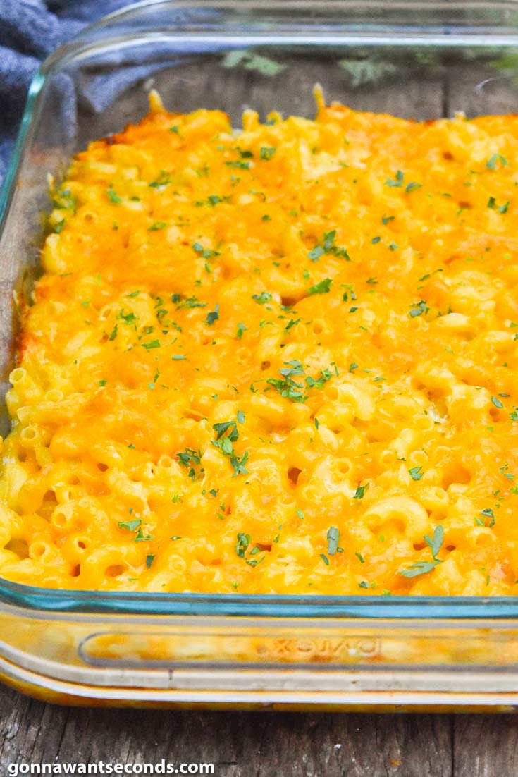 Paula Deen mac and cheese with sour cream on a casserole dish