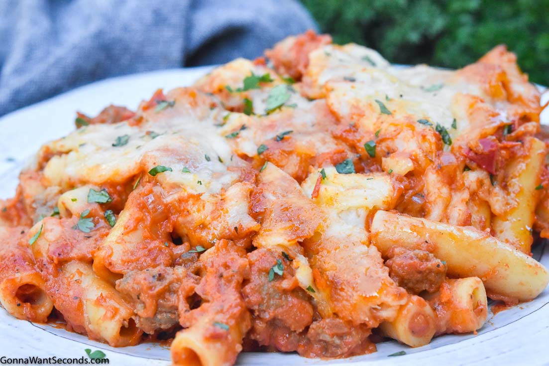 baked ziti with sausage on a plate