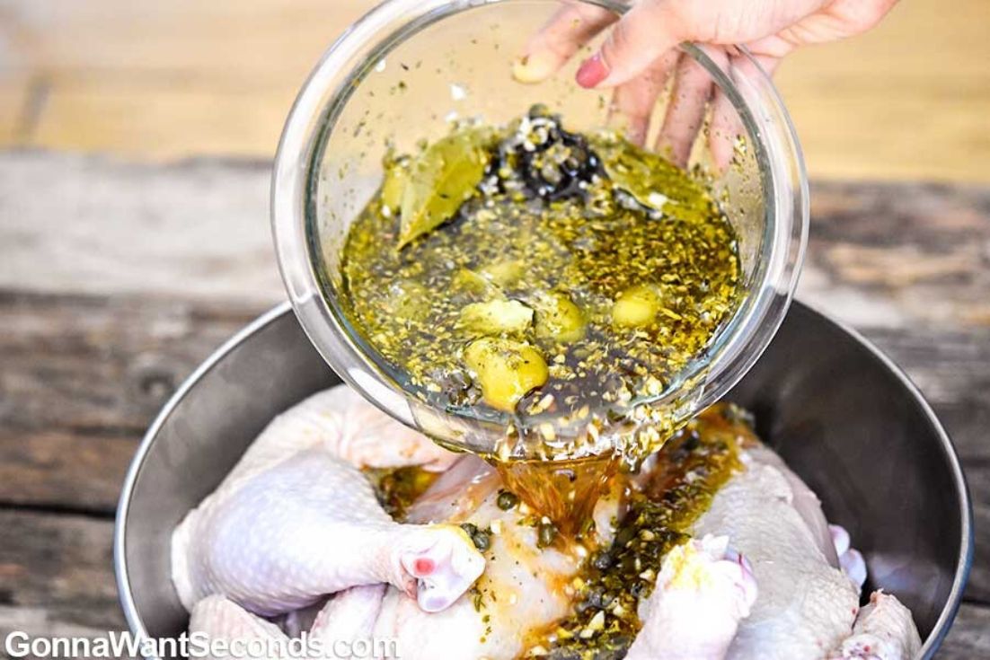 How to make Chicken Marbella, adding the marinade mix to the chicken