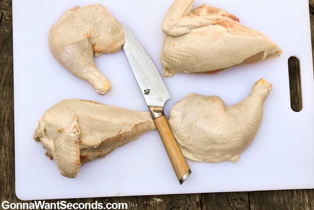 How to make Chicken Marbella, cutting chicken into pieces