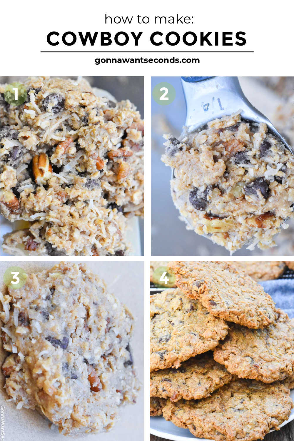 Cowboy Cookies are packed with coconut, pecans, chocolate chips, oats, & cinnamon. On or off the ranch, these hardy cookies are deliciously thick & chewy! #cowboycookies #cookies step by step how to make cowboy cookies