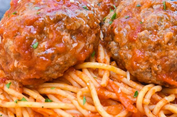 spaghetti and meatballs recipe on a plate