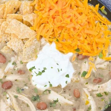 green chicken chili with toppings on a bowl