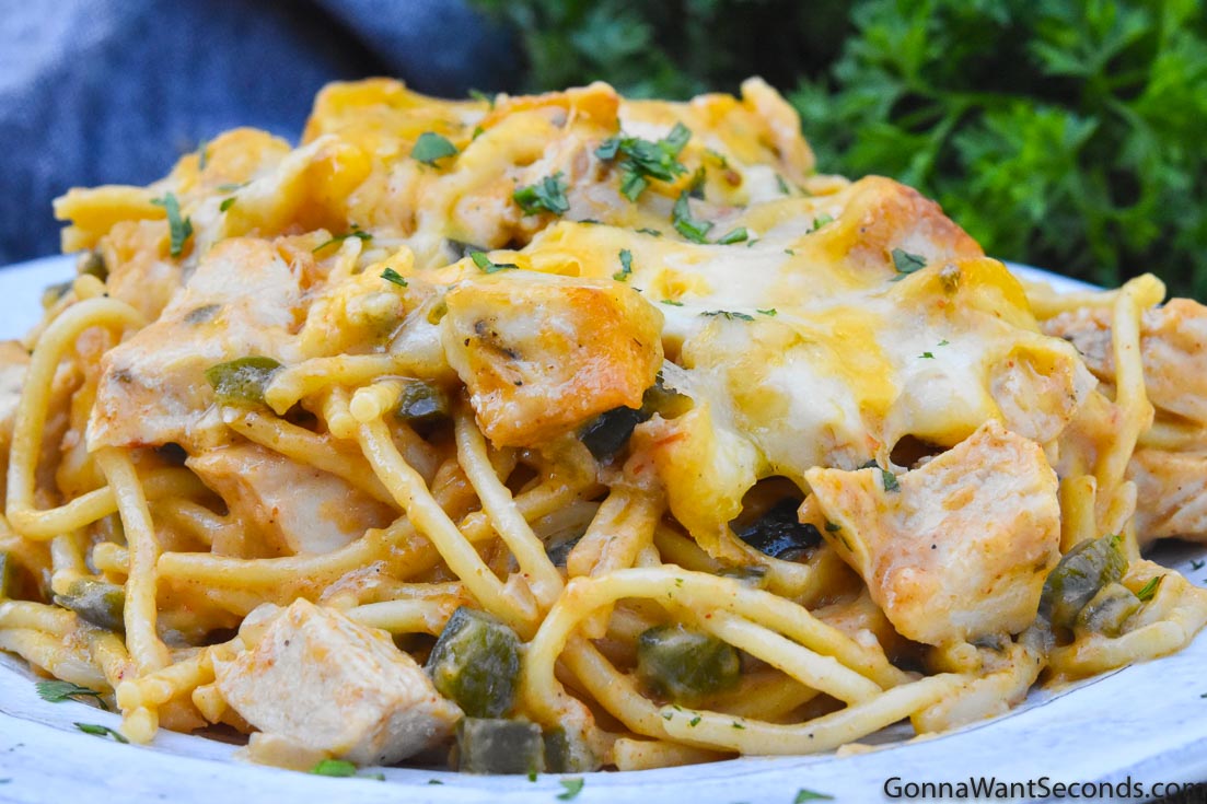Spaghetti Recipes, chicken spaghetti casserole on a plate