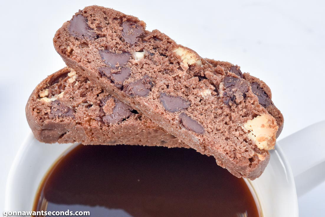Chocolate Biscotti recipe on top of a cup of coffee
