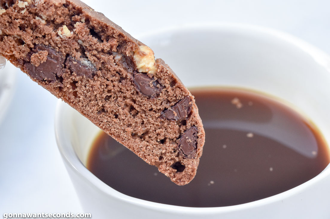 Chocolate Biscotti recipe dipping on a cup of coffee