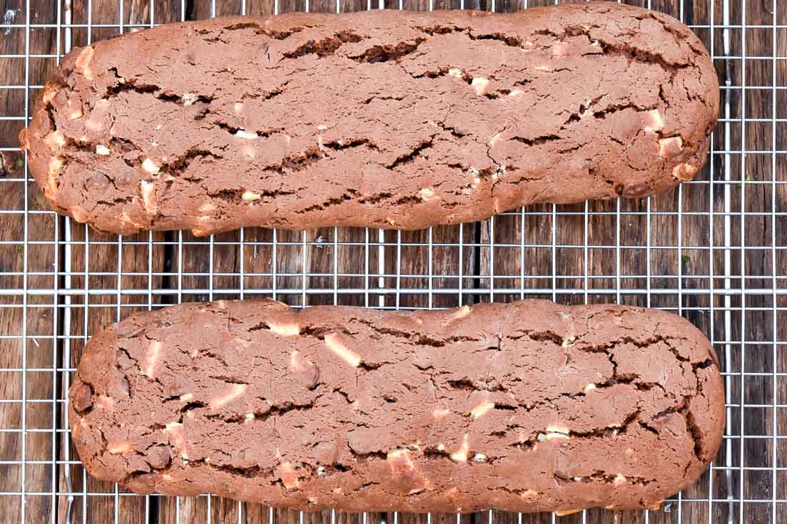 How to make Chocolate Biscotti recipe, baked 2 cookie logs on a cooling rack