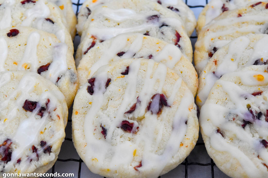 Cranberry orange shortbread cookies on a cooling rack