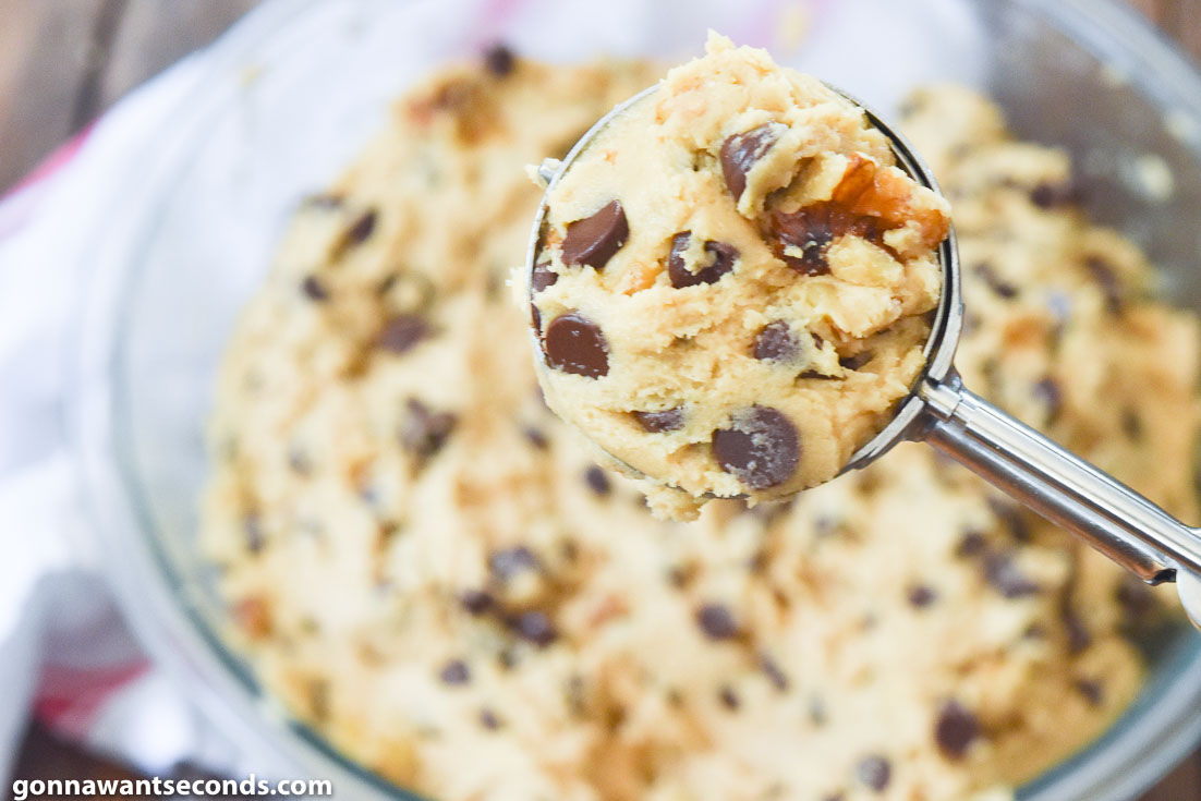 Scooping easy chocolate chip cookies dough