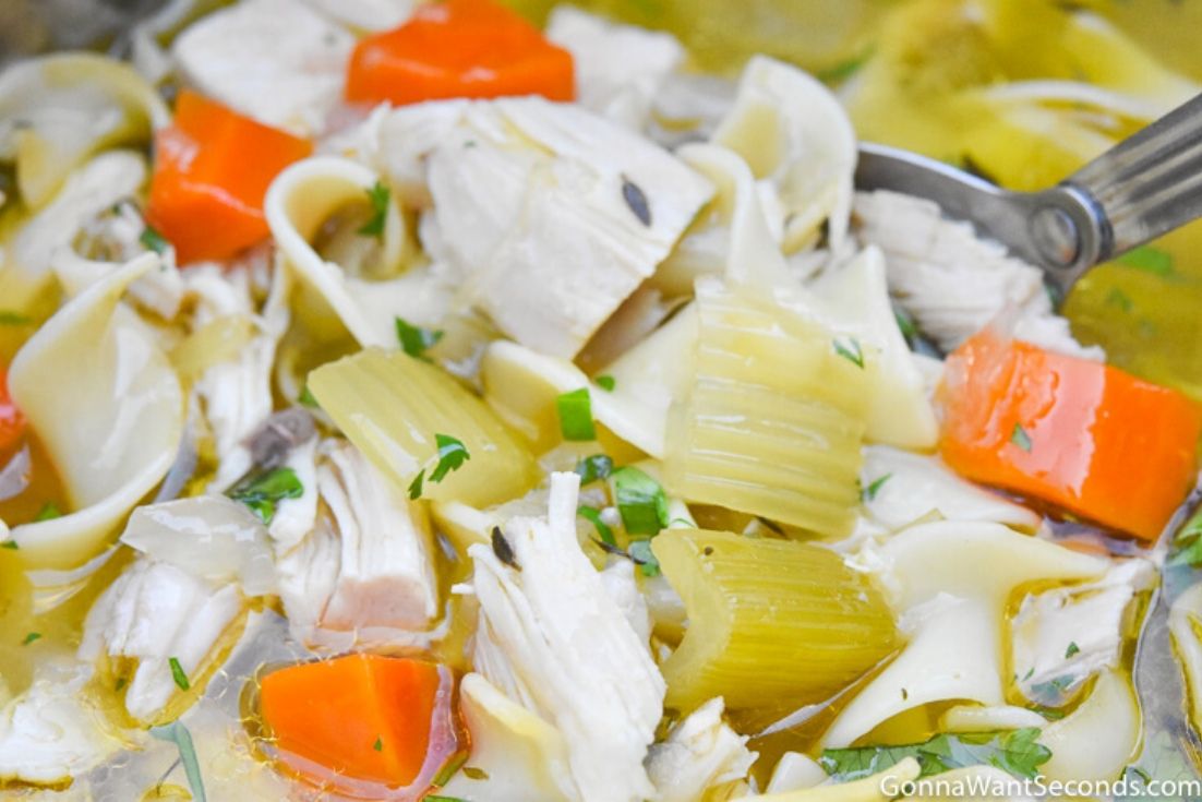 Scooping Instant Pot Chicken Noodle Soup