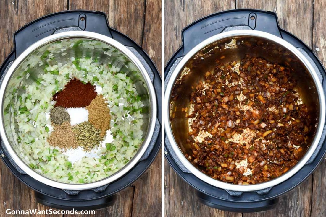 how to make instant pot chili, sauteing ingredients in the pot
