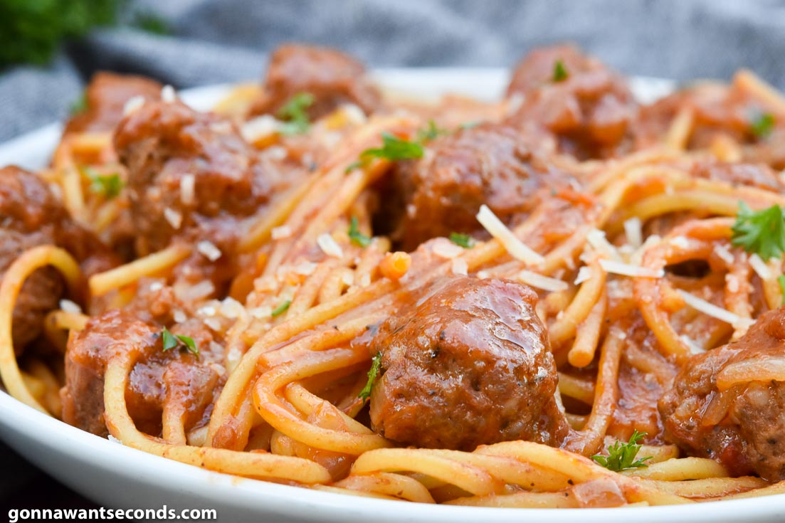 Instant Pot Spaghetti and Meatballs on a plate