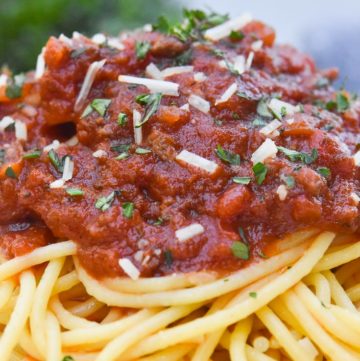 Italian spaghetti sauce over spaghetti pasta