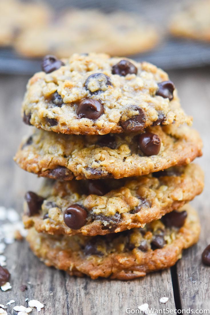 oatmeal chocolate chip cookies stack on top of each other 