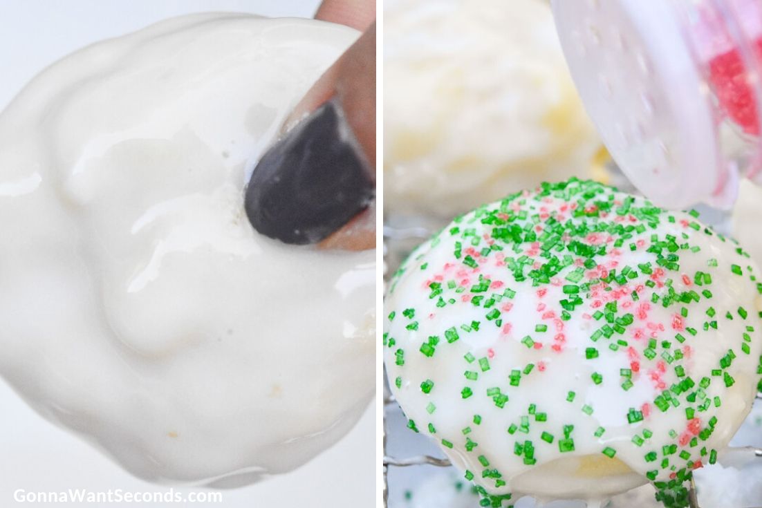 how to make ricotta cookies, adding glaze and sprinkles to the cookies