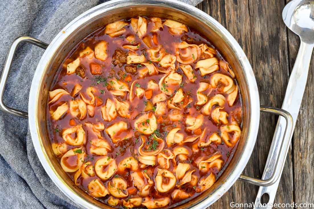 Sausage Tortellini soup in a pot