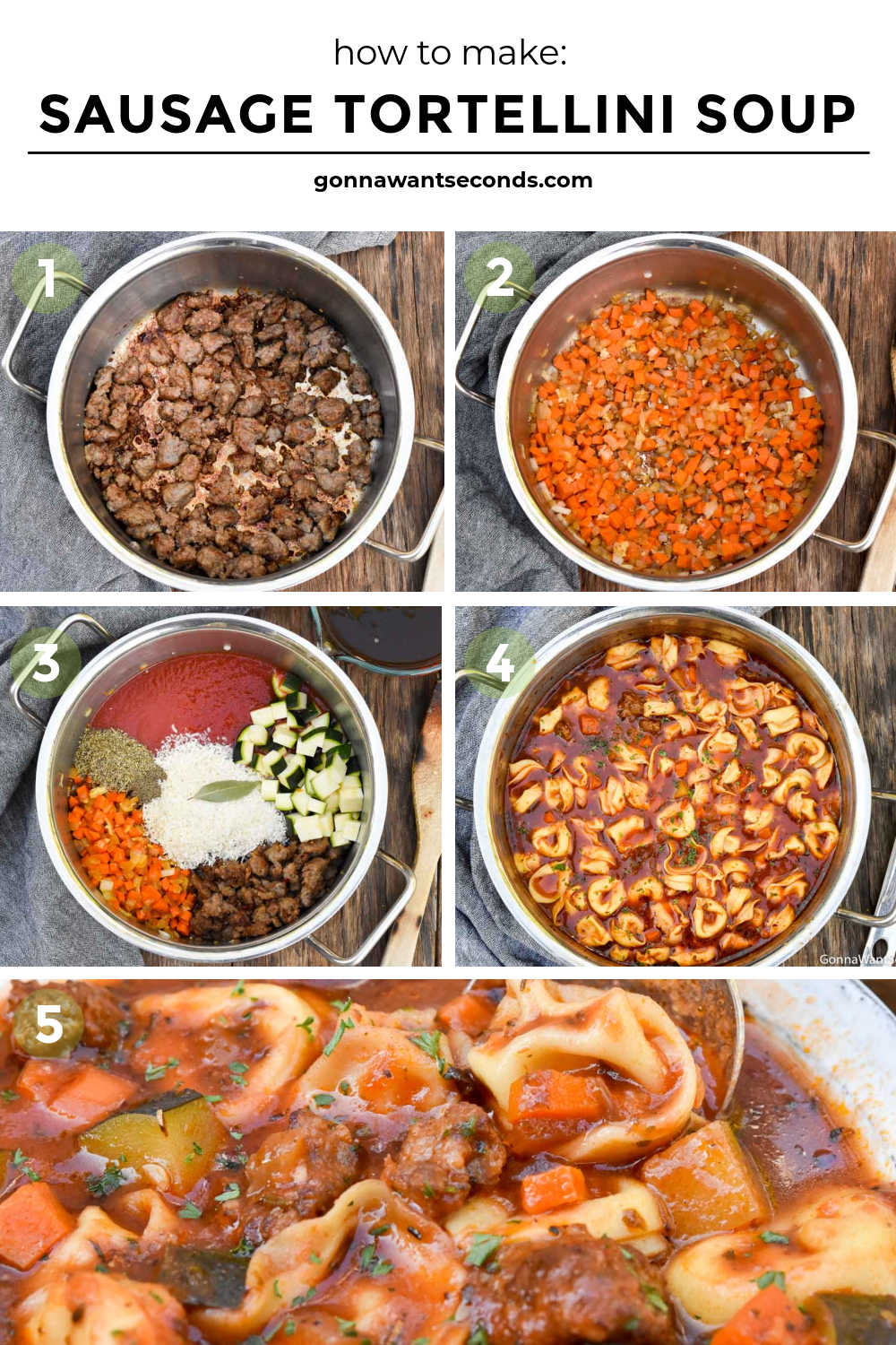 Sausage tortellini soup blends savory flavor with wholesome veggies and cheesy tortellini swimming in a rich vibrant sauce that begs to be gobbled up! #sausagetortellinisoup #tortellinisoup Step by step how to make Sausage tortellini soup