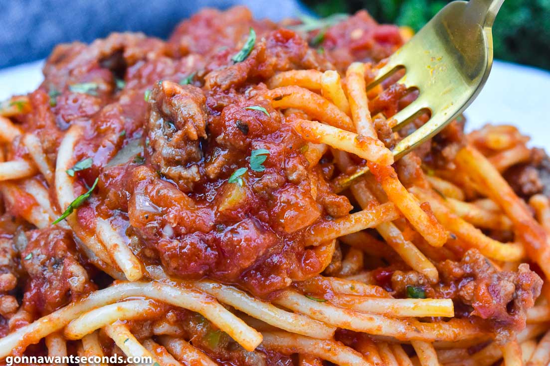 Fork twirling Spaghetti Recipe with Ground Beef on a plate