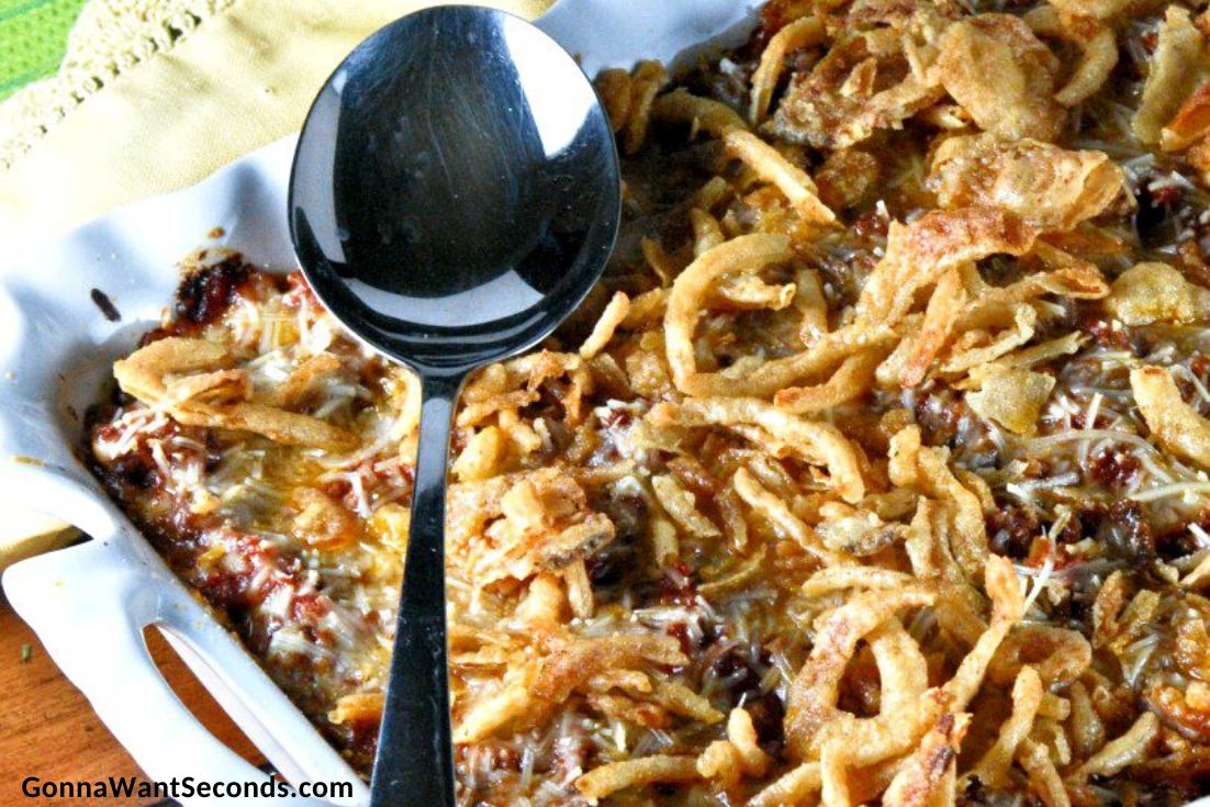 baked spaghetti with cream cheese in a casserole