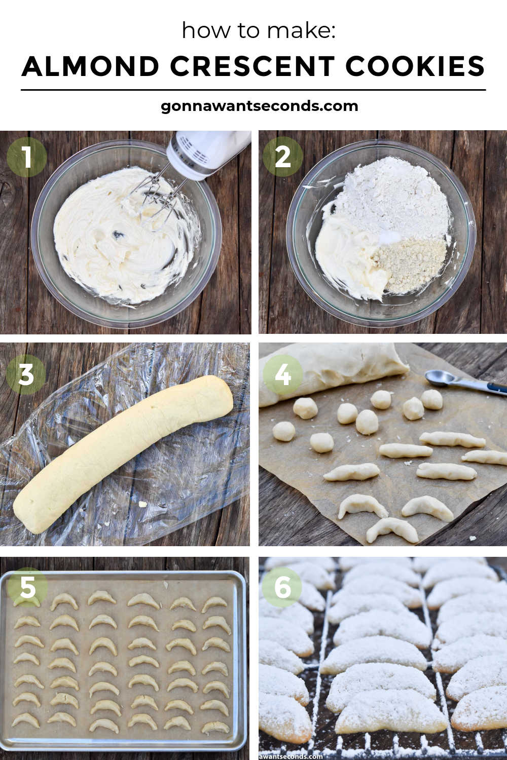 Simple, elegant almond crescent cookies compliment any occasion. With common pantry ingredients, these yummy cookies melt in your mouth! Makes a big batch! #AlmondCrescentCookies #AlmondCookies step by step how to make almond crescent cookies