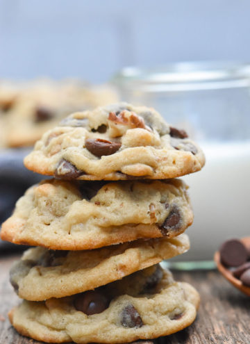 Chocolate chip pudding cookies stack on top of each other