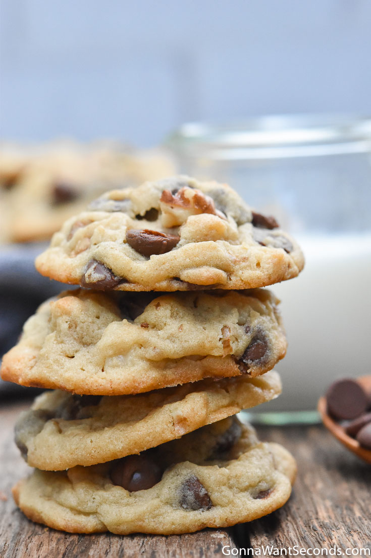 Chocolate chip pudding cookies stack on top of each other