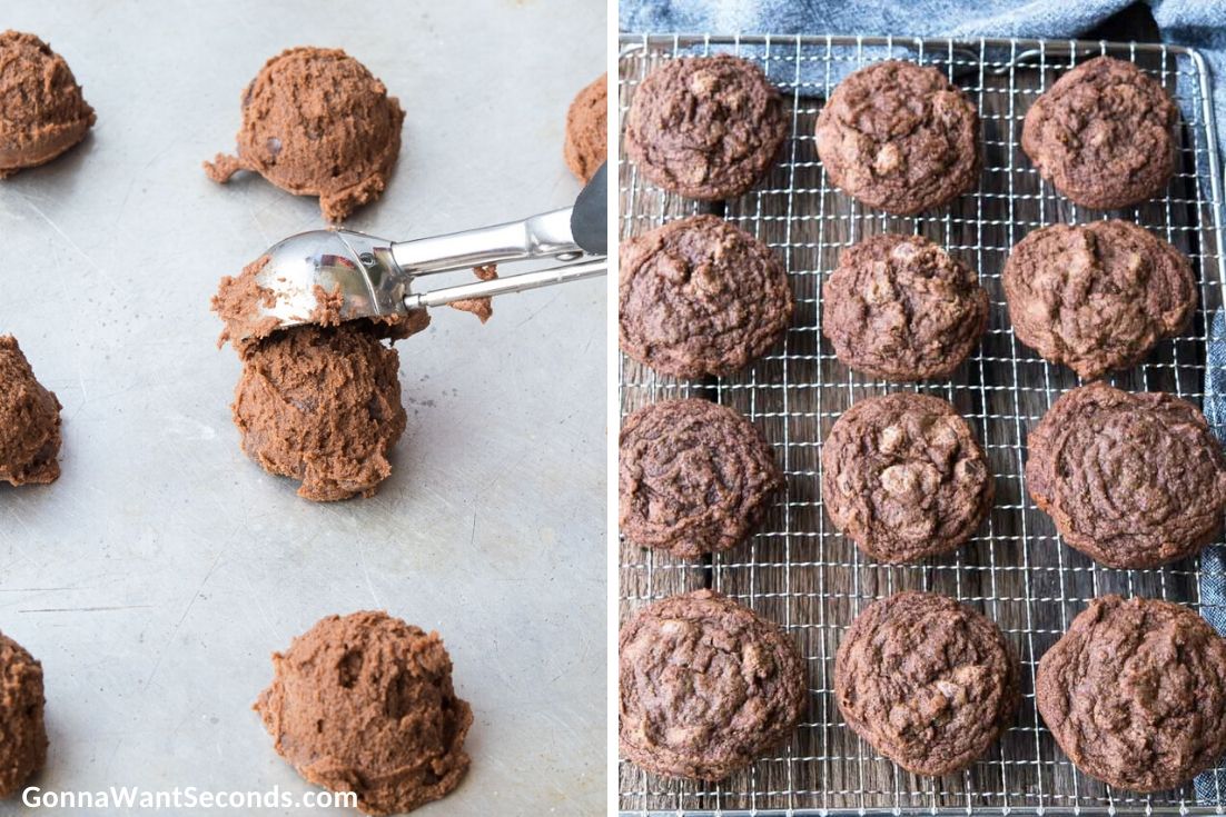 how to make chocolate chocolate chip cookies, scooping cookie dough to a baking sheet