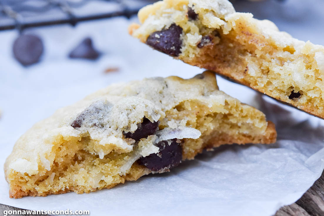 coconut chocolate chip cookies cut in half